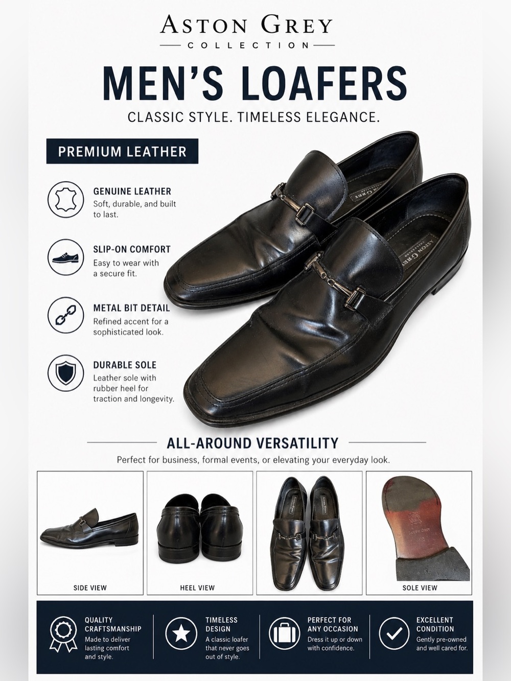 Aston Grey Black Leather Bit Loafers for Men